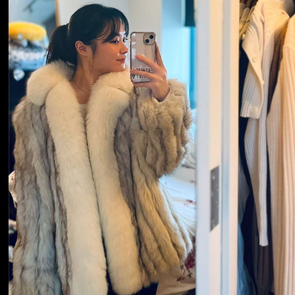 Vintage foxtail real fur coat with shadow Fox trim